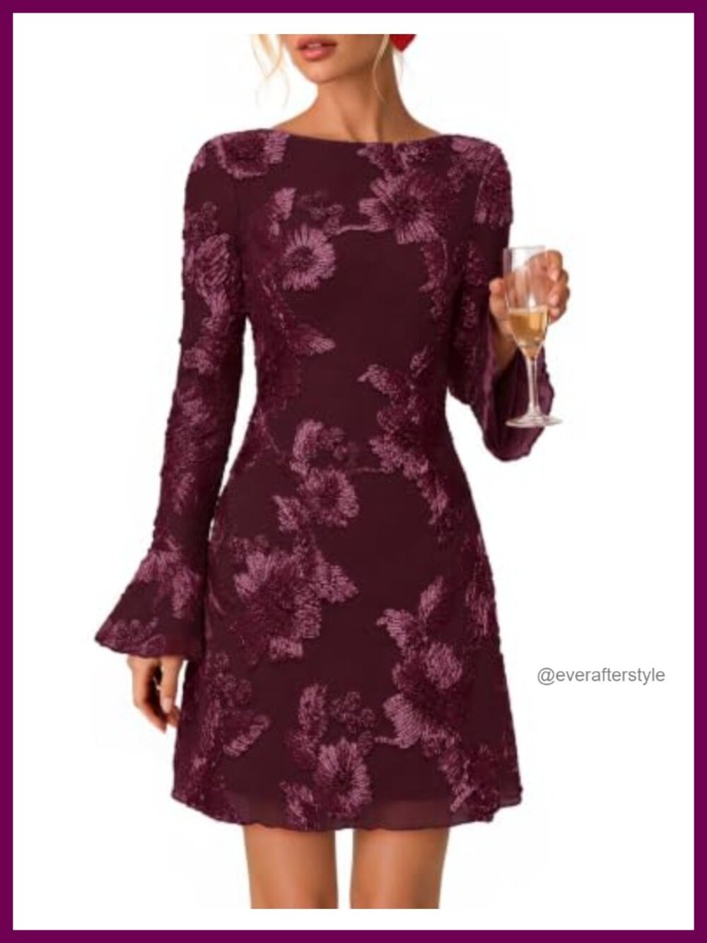 Women's Floral Mesh Cocktail Dress Long Sleeve Bodycon Mini